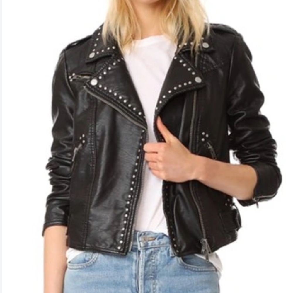 Free People STUDDED VEGAN FAUX-LEATHER MOTO JACKET IN BLACK size XS